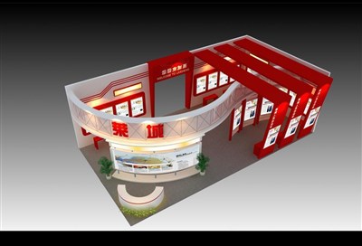 153平米展台设计制作：三面开口/现代/木质结构/红色，为成就招商展展商而作（免费使用）