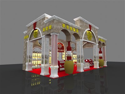 72平米展台设计制作：三面开口/欧式/木质结构/米色，为糖酒展展商而作（免费使用）