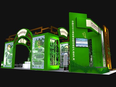 96平米展台设计制作：四面开口/中式/木质结构/绿色，为茶博会展商而作（免费使用）