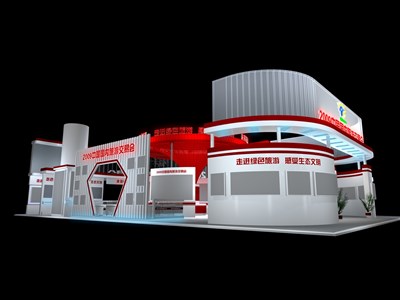 360平米展台设计制作：四面开口/现代/木质结构/红色，为旅游展展商而作（免费使用）