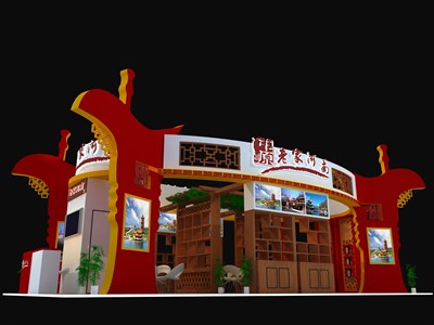 72平米展台设计制作：四面开口/中式/木质结构/红色，为旅游展展商而作（免费使用）