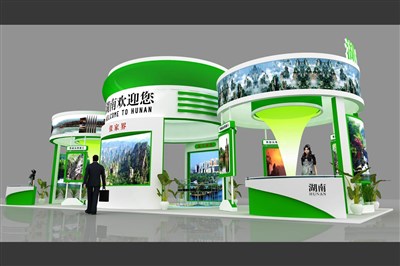 90平米展台设计制作：四面开口/现代/木质结构/绿色，为旅游展展商而作（免费使用）