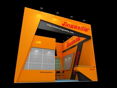 36平米展台设计制作：二面开口/现代/木质结构/橙色，为机械展展商而作（免费使用）