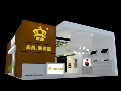 195.3平米展台设计制作：二面开口/现代/木质结构/咖啡色，为家具展展商而作（免费使用）