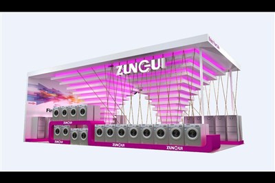 72平米展台设计制作：三面开口/现代/木质结构/紫色，为家电展展商而作（免费使用）