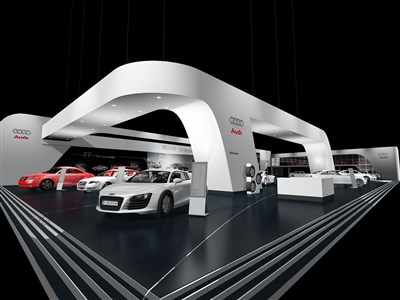 1215平米展台设计制作：二面开口/现代/木质结构/白色，为汽车展展商而作（免费使用）