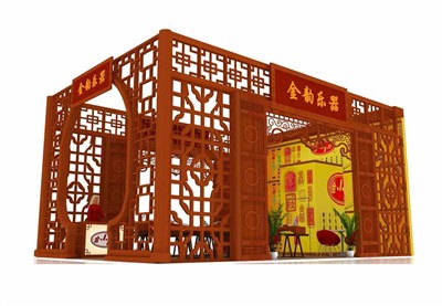 54平米展台设计制作：三面开口/中式/木质结构/红色，为乐器展展商而作（免费使用）
