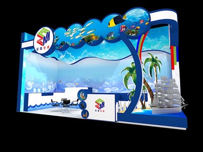 24平米展台设计制作：二面开口/卡通/木质结构/蓝色，为玩具展展商而作（免费使用）