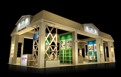 72平米展台设计制作：四面开口/现代/木质结构/米色，为玩具展展商而作（免费使用）
