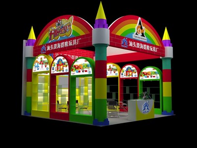 36平米展台设计制作：一面开口/卡通/木质结构/彩色，为玩具展展商而作（免费使用）