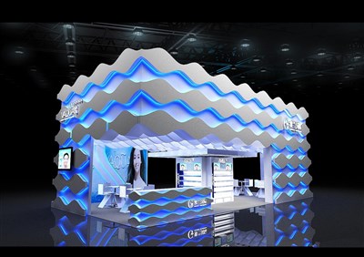 72平米展台设计制作：四面开口/前卫/型材结构/蓝色，为美博会展商而作（免费使用）