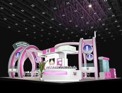 108平米展台设计制作：四面开口/现代/木质结构/粉色，为美博会展商而作（免费使用）