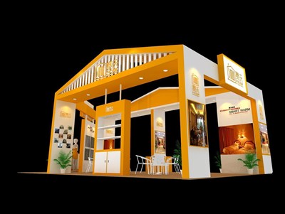 60平米展台设计制作：四面开口/现代/木质结构/黄色，为综合展展商而作（免费使用）