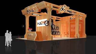54平米展台设计制作：二面开口/田园/木质结构/咖啡色，为单/摩托车展商而作（免费使用）