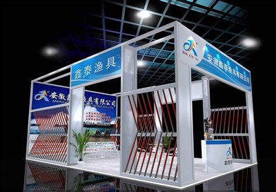 50平米展台设计制作：三面开口/现代/木质结构/蓝色，为钓具展展商而作（免费使用）