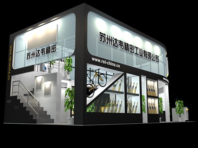 72平米展台设计制作：一面开口/中式/双层结构/蓝色，为单/摩托车展商而作（免费使用）