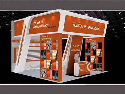 36平米展台设计制作：三面开口/现代/木质结构/橙色，为五金展展商而作（免费使用）