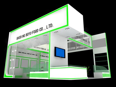 90平米展台设计制作：三面开口/现代/木质结构/绿色，为食品展展商而作（免费使用）