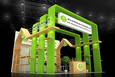 36平米展台设计制作：二面开口/前卫/木质结构/绿色，为玩具展展商而作（免费使用）