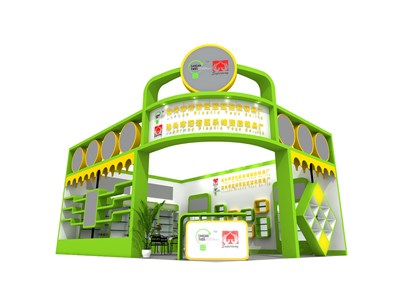 48平米展台设计制作：一面开口/前卫/木质结构/绿色，为玩具展展商而作（免费使用）