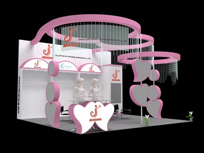 36平米展台设计制作：三面开口/前卫/木质结构/粉色，为婴幼展展商而作（免费使用）
