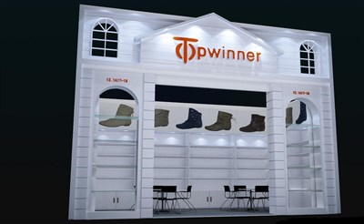 18平米展台设计制作：一面开口/现代/木质结构/白色，为鞋箱包展展商而作（免费使用）