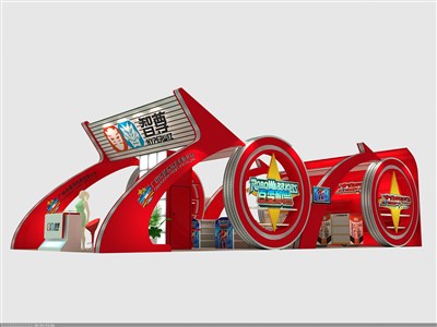 90平米展台设计制作：三面开口/现代/木质结构/红色，为玩具展展商而作（免费使用）