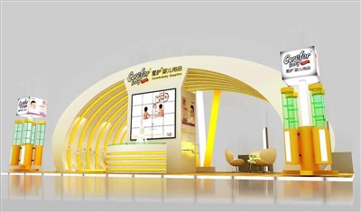72平米展台设计制作：二面开口/现代/木质结构/黄色，为玩具展展商而作（免费使用）