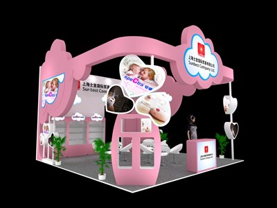 36平米展台设计制作：三面开口/卡通/木质结构/粉色，为婴幼展展商而作（免费使用）