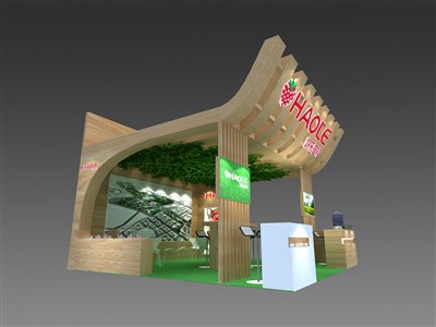 36平米展台设计制作：三面开口/现代/木质结构/咖啡色，为食品展展商而作（免费使用）
