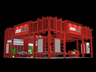 90平米展台设计制作：三面开口/中式/木质结构/红色，为食品展展商而作（免费使用）