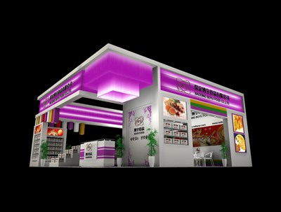90平米展台设计制作：三面开口/现代/木质结构/紫色，为食品展展商而作（免费使用）