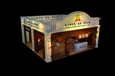 64平米展台设计制作：二面开口/现代/木质结构/白色，为食品展展商而作（免费使用）