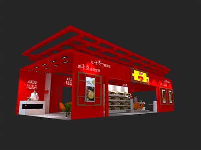 78平米展台设计制作：四面开口/中式/木质结构/红色，为食品展展商而作（免费使用）