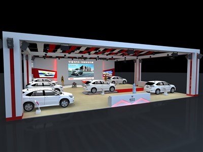 360平米展台设计制作：三面开口/现代/木质结构/白色，为汽车展展商而作（免费使用）