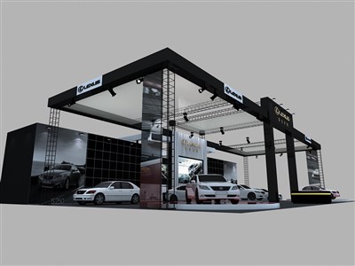 600平米展台设计制作：三面开口/现代/桁架结构/黑色，为汽车展展商而作（免费使用）