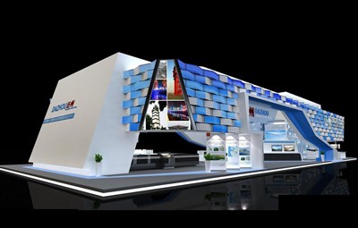 525平米展台设计制作：三面开口/前卫/型材结构/蓝色，为成就招商展展商而作（免费使用）