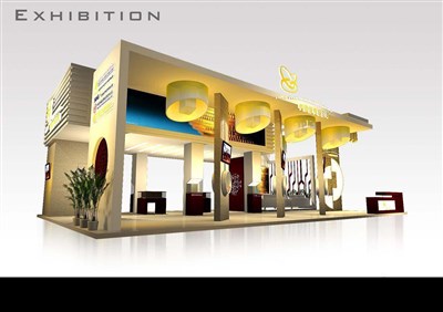 135平米展台设计制作：二面开口/现代/木质结构/黄色，为金融展展商而作（免费使用）