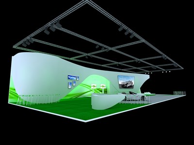 600平米展台设计制作：三面开口/现代/木质结构/绿色，为汽车展展商而作（免费使用）