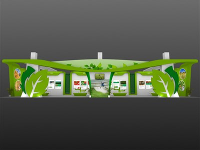 254.6平米展台设计制作：一面开口/现代/木质结构/绿色，为农交会展商而作（免费使用）