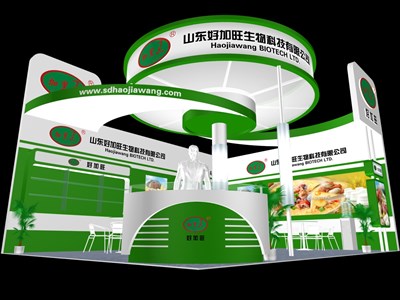 48平米展台设计制作：二面开口/现代/木质结构/绿色，为食品展展商而作（免费使用）