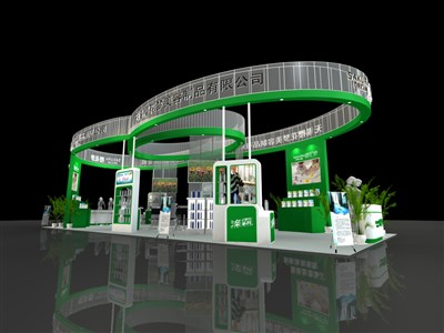 90平米展台设计制作：四面开口/现代/木质结构/绿色，为美博会展商而作（免费使用）