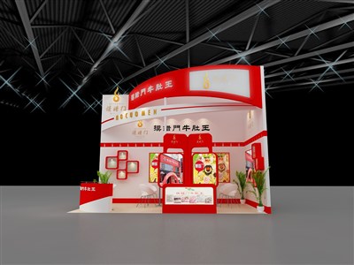 18平米展台设计制作：二面开口/现代/木质结构/红色，为食品展展商而作（免费使用）