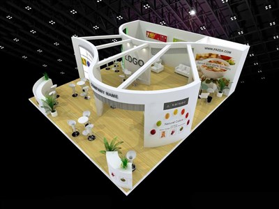 90平米展台设计制作：三面开口/现代/木质结构/白色，为食品展展商而作（免费使用）