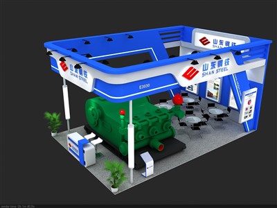 54平米展台设计制作：三面开口/现代/木质结构/蓝色，为机械展展商而作（免费使用）