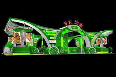 162平米展台设计制作：四面开口/现代/木质结构/绿色，为食品展展商而作（免费使用）
