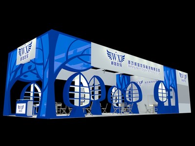 108平米展台设计制作：三面开口/现代/木质结构/蓝色，为机械展展商而作（免费使用）