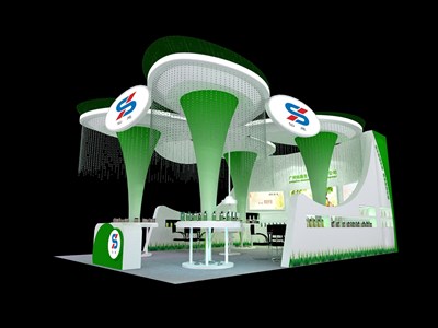 54平米展台设计制作：三面开口/现代/木质结构/绿色，为美博会展商而作（免费使用）