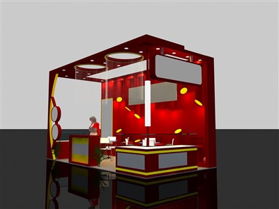 18平米展台设计制作：三面开口/现代/木质结构/红色，为食品展展商而作（免费使用）