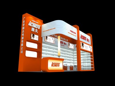 27平米展台设计制作：二面开口/现代/木质结构/橙色，为家电展展商而作（免费使用）